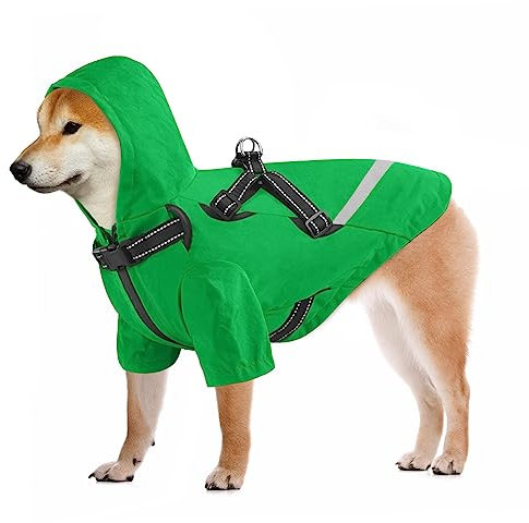 Dolahovy Hunderegenmantel mit Geschirr,Hundeponchos Wasserdichter Hundemantel Leichter Hunde Regenanzug Verstellbare reflektierende Haustier Regenbekleidung mit Kapuze