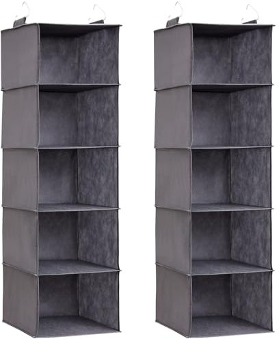 Lifewit Lot de 2 Rangement Suspendu avec 5 Étagères et 2 Crochets Solides, Étagères de Rangement Armoire pour Placard, Organisateur Pliable, Rangement Vetement, Gris