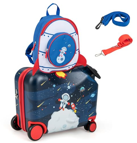 COSTWAY Valigia Cavalcabile per Bambini, 18 Valigia+ 12 Zaino,2 Pezzi, Trolley Bambini Bagaglio a Mano con Ruote Girevoli e Maniglia Retrattile, 2 Cingie Multiuso (Modello 4)