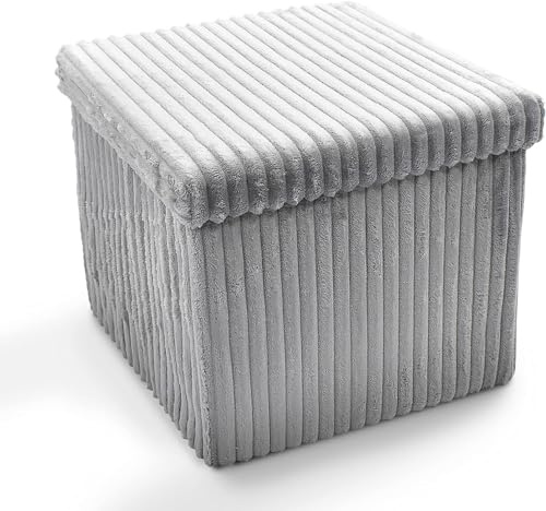 Axcent Comfort Single Seater Corduroy Ottoman Storage Box Small, Folding Foot Stool Storage Box Seat Rest Cube Foldable Square Storage Bench Toy Chest Storage Box with Lid (Silver)