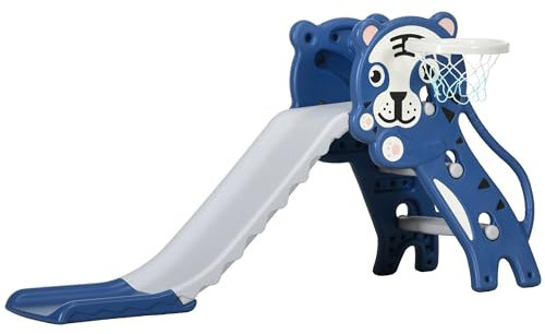 AIYAPLAY Scivolo per Bimbi 18-36 Mesi con Canestro da Basket Laterale, Scivolo in Plastica, 133x60x70 cm, Blu e Grigio