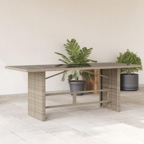 Homgoday Table de jardin avec plateau en verre - Table de balcon - Table à manger - Table basse - Table à thé - Table à thé - Pour jardin, terrasse, balcon - Gris clair - 190 x 80 x 74 cm - En rotin