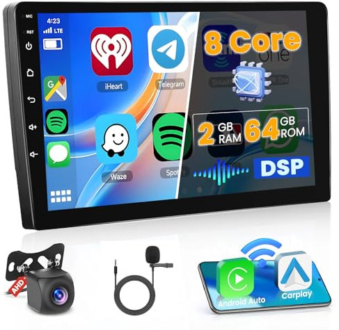 Ohradio 8 Núcleos/4G+64G/DSP Android 15 Radio Coche 2 DIN con CarPlay inalámbrico Android Auto inalámbrico, Autoradio 2 DIN con Pantalla Táctil de 9 con BT GPS WiFi RDS FM USB EQ+Cámara Trasera+Mic