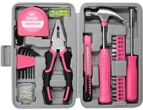 ZUZUAN Tool Set 25pc Pink Household DIY Tool Kit for Women,Small Mini Tool Box for Easy of Carrying, Starter Basic Ladies Tools Perfect for DIY, Home Maintenance