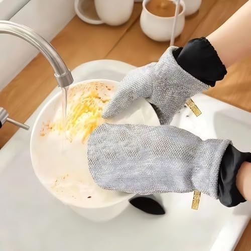 Dishwashing Gloves Nylon Scrubber Cleaning Mittens with PVC Lining & Hanging Strap for Housework Kitchen (Medium) (3 gloves (individual pieces))