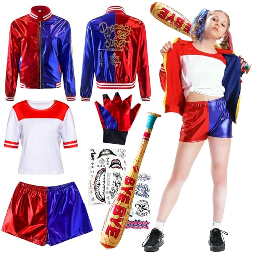 DUOLAM Quinn Cosplay Kostym Flicka: Halloween Flickor Clown Squad Outfits Halloween med T-shirt Jacka Byxor Handskar Uppblåsbar Baseballträ och Tatuering för Carnival Cosplay Party