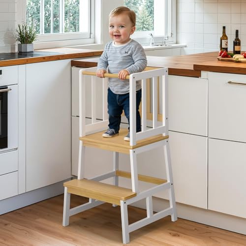 COSYLAND Torre Montessoriana Bambini – Torretta Montessoriana A Forma di “A” con Pedana Centrale Rinforzata – Torre Montessoriana da Cucina o Bagno, Convertibile in Doppio Sgabello