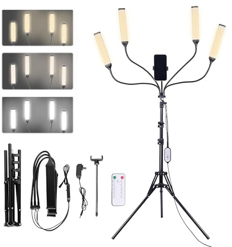 Lampada Video Dimmerabile LED, Quattro Bracci Lampada Estetista con Treppiede e Supporto per Telefono per Luce Truccatore, Lampada per Ciglia, Live Bellezza, Tatuaggio, Riprese Studio