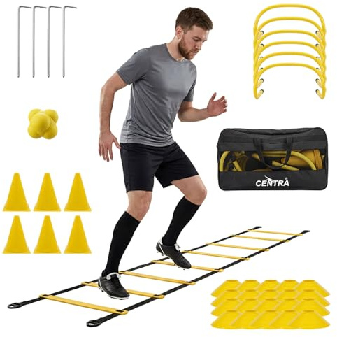 Centra Football Training Equipment Speed Agility Training Set for Boys Adults, 4M 8-Rung Agility Ladder, 20 x Cones, 6 x Hurdles, 6 x Traffic Cones, 1 x Reaction Ball, Portable Carry Bag