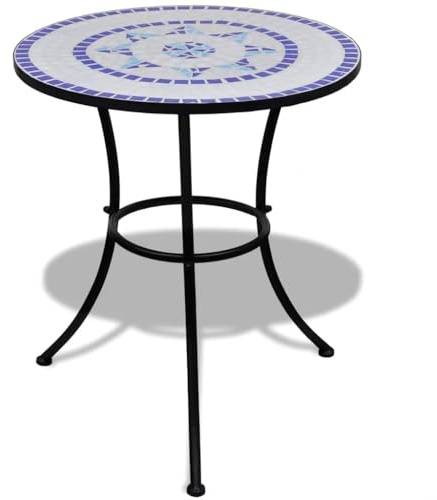 Zeehear Mesa de bistró mosaico azul blanco con placa de cerámica redonda de 60 cm, estructura de hierro pulverizado, mesa auxiliar para jardín, terraza, balcón, ahorra espacio, resistente a la