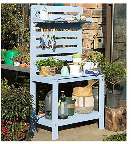 Massivt trä utomhus planteringsbord med krokar, blå, 75 x 45 x 165 cm – perfekt för trädgårdsarbete, plantering och utomhusarbetsutrymme, hållbara och eleganta trädgårdsmöbler