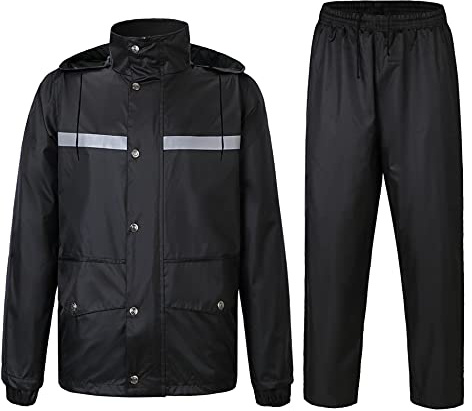 Yukirtiq Vattentät regndräkt för män, 2 delar, regndräkt, jacka och byxor, set, utomhus, regnkläder, unisex, regnjacka och regnbyxor med reflekterande remsa, Svart, XL