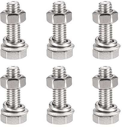 sourcing map M6 x 20mm Hex Head Screws Bolts, Nuts, Flat & Lock Washers Kits, 304 Stainless Steel Fully Thread Hexagon Bolts 6 Sets