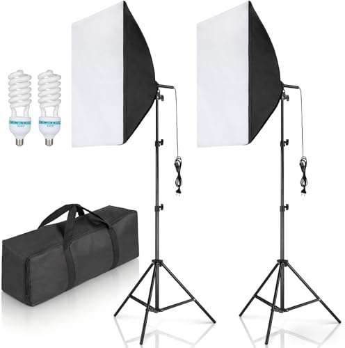 Lot de 2 boîtes à lumière pour studio photo 50 cm x 70 cm, kit de boîte à lumière professionnelle avec 2 lampes photo 135 W, support réglable en hauteur, pour photographie vidéo