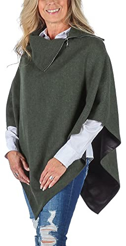 The Celtic Ranch Women's Lined Poncho Cape Cloak in Herringbone Wool Blends and Tartan Cotton Blend for Warmth an Style (Olive Herringbone)