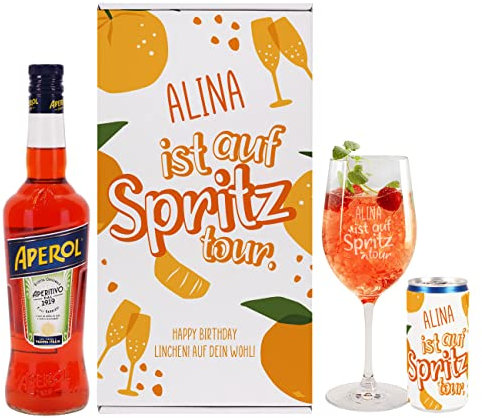 Herz & Heim® Frauen-Geschenkset ... ist auf Spritztour / mit 0,7l Aperol, gravierten Glas, Secco-Dose und Geschenkbox/mit Wunschtext & -name