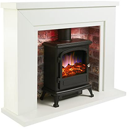 Endeavour Fires Farlington Electric Fireplace, Black Log Burner Stove in 48’’ Off White Surround, LED Downlights with Remote Control (White Top/Rustic Brick)