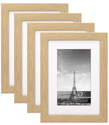 Eitida Cadre Photo Moderne - 13x18 cm ou 9x13 cm avec Passe-Partout, Bande en Bois Naturel, Verre Acrylique pour Table ou Mur, Pack de 4