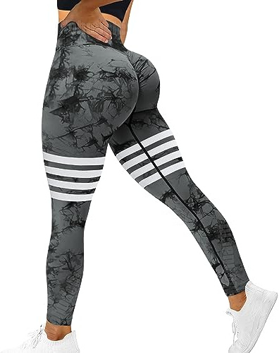 MOHUACHI Butt Lifting Workout Leggings for Women, Scrunch Butt Gym Seamless Booty Tight, High Waisted Yoga Pants ((#9) Tie Dye Black Gray, X-Large)