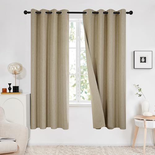 Deconovo 100% Blackout Faux Linen Curtains, Double-Sided, Thermal Insulated, Noise-Reducing, Eyelet Curtains for Bedroom & Living Room - 2 Panels (Taupe 46x72)