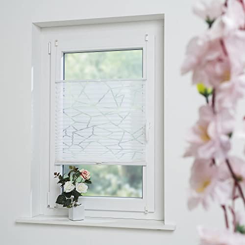 Klemmfix-Plissee mit ausgebranntem Grafik-Motiv, halbtransparent, ohne Bohren oder Schrauben, inkl. Klemmträger, Breite: 55 cm/Länge: 130 cm, Farbe: weiß