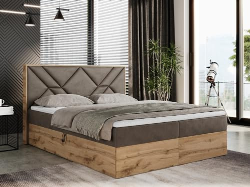 MKS MEBLE Boxspringbett 180x200 mit Bettkasten, Polsterbett 180x200 mit Matratze H4, Boxspringbett 180x200 mit Kopfteil, Boxspringbett mit Massivholz - Gunar - Braun Velvet - H4