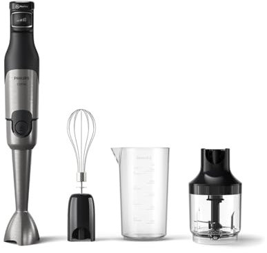 Philips 5000 Series Hand Blender - 1200W Power. ProMix Technology. LED Speed Indicator. Effortless Control. Compact Design. Easy Clean. Beaker, Whisk, Compact chopper (0,5l), Black (HR2683/00)
