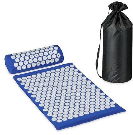 Relaxdays Akupressurmatte mit Kissen & Tragetasche, Rücken Massagematte, Stachel Faszienmatte, Stressabbau, blau/weiß