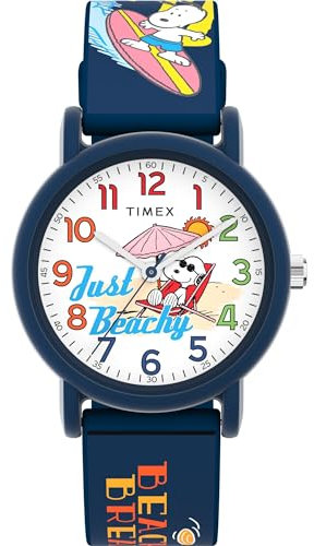 Timex Peanuts Just Beachy Armbanduhr, Unisex, 36 mm, blaues Silikonarmband, weißes Zifferblatt, blaues Gehäuse TW2V78600