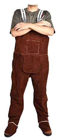 Combinaison de soudage en cuir Saut-salles unisexes Salopes de protection Pantalon de soudure de réparation de la flamme en cuir protecteur, Coverall de vêtements de protection Résistant à la chaleur