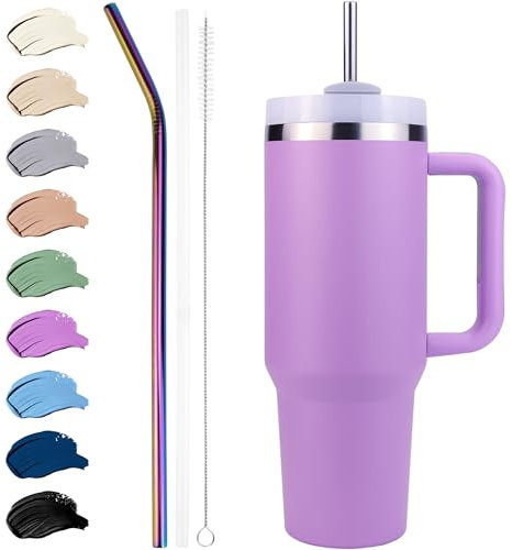 Disoza Termomugg Med Sugrör 40 Oz/1,2 l - Lila Drickmugg Med Lock Och Handtag - Kaffemugg To Go Tumbler Vattenflaska