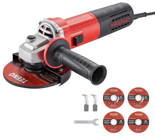 TEENO Meuleuse D'angle 1000W, Meuleuse Angulaire Régime à Vide 2000-12000 trs/min (Disque à Ébarber/à Tronçonner:125 mm 4 pièces),Pour la coupe et le meulage du métal,Carter de Protection et Poignée
