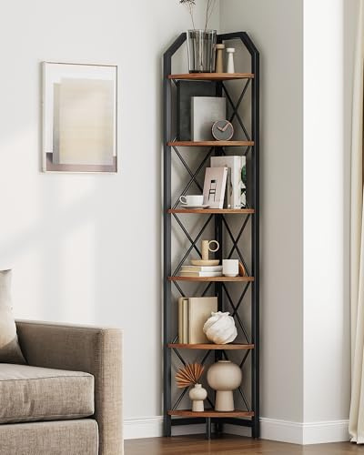 CHOEZON 6-Tier Corner Shelf, Industrial Corner Bookshelf, 71.2 Corner Storage Stand, Plant Stand Display Shelf, Corner Bookcase for Bedroom, Living Room, Home Office, Rustic Brown and Black TCJ11BF
