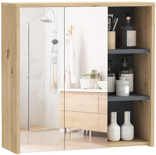 HOMCOM Bathroom Mirror Cabinet Wall Mounted 2 Doors Cupboards Natural