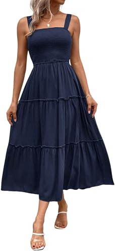 Womens Casual Loose Plain Maxi Sundress Square Neck A-line Sleeveless Summer Beach Tiered Long Tank Dresses
