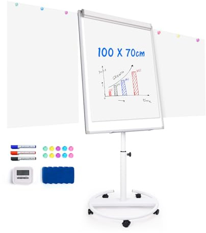 maxtek Flip Chart Stands Mobile Whiteboard, 100 x 70 CM Magnetic WhiteBoard Stand, Height Adjustable Flipchart Paper, 2 Extendable Side Arms - Ideal for School, Office, Seminar, Training, Presentation