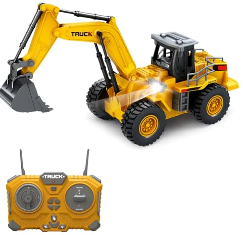 Excavadora teledirigido 9 canales con pala metálica, escala 1:24. Excavadora radiocontrol 2.4GHz con luces, sonidos y rotación 360°. Regalo cumpleaños para niños de hasta 6 7 8 9 10 11 12+ años