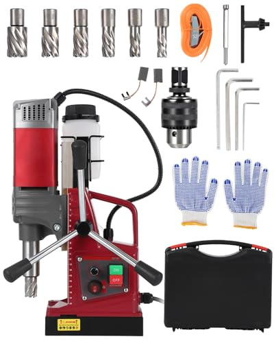 1.57 Inch Mag Drill Press with 6 Coring Bits, Plastic Box, Variable Speed & Adapter, 1550w 820RPM 2922LBF Magnetic Drill Machine, Powerful 1550w Motor, 13000n Magnetic Hold