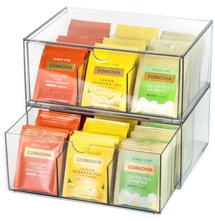 Corkovia Scatola Porta Bustine di Tè e Tisane, Organizer Impilabile con 18 Scomparti e Cassetto, Contenitore Trasparente per Cucina, armadio e cassetto, 2 Pezzi, 23×17×10 cm