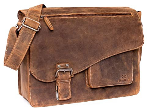 ALMADIH Leder Umhängetasche Herren 15 Zoll Laptoptasche - Jon No.2 Premium Rindsleder BV - Leder Businesstasche mit Laptopfach Ledertasche Aktentasche Unitasche Schultertasche braun (Jon 2 BV)