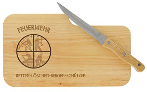 LASERHELD | Brotzeitbrett Holz mit Gravur “Feuerwehr” & Messer | 26 x 15 cm | Frühstücksbrettchen Holz Schneidebrett Jausenbrett | Geschenk für Feuerwehrleute zum Vatertag Feuerwehr