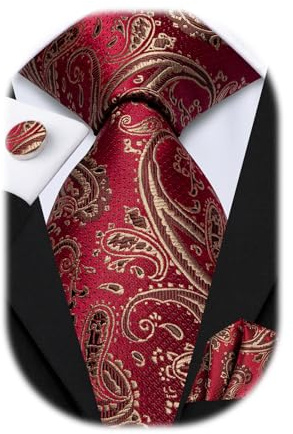 Hi-Tie Paisley Floral Gold Red Ties Set for Men Silk Mens Stripes Necktie Pocket Square Cufflinks Set Formal Business