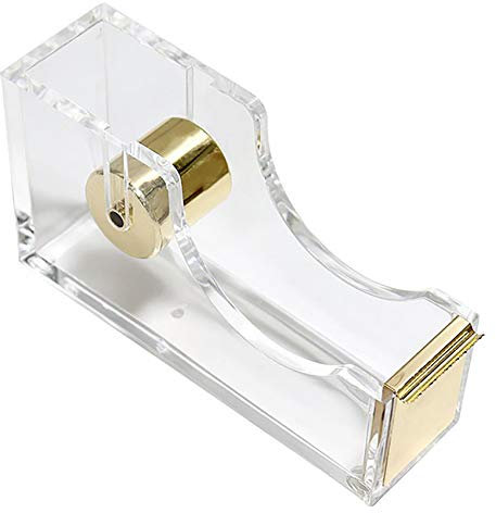 Klebebandspender, Transparent Acrylic Klebebändabroller, Clear Klebeband-Spender, Tape Schneider, Tape Cutter Desktop Schreibwaren, Rutschfest, Einfache Handhabung, 12x6.5x3.5 cm, 210g, Gold, 1Stück