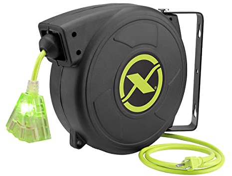 Flexzilla Retractable Extension, 14/3 AWG SJTOW, 50', Grounded Triple Tap Outlet Electric Cord Reel, ZillaGreen, FZ8140503