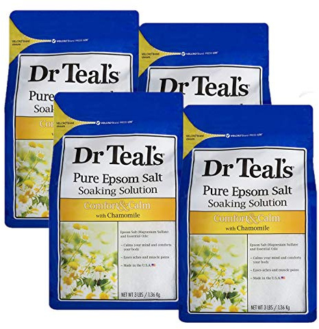 Dr. Teal's Comfort & Calm Bath Soak Gift Set (4 Pack, 3lbs Ea.) - Chamomile Essential Oils Blended with Pure Epsom Salt - Calm Your Mind & Body, Ease Aches & Pains - at Home Spa Kit