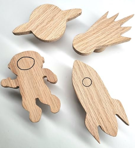 Weltraum Griffe für Kindermöbel aus unbehandeltem Eichenholz, Knauf, Knopf, Weltall, Kommode, Schrank, Schublade, Tür, Kinderzimmer, Geschenk (4, Rakete, Planet, Raumfahrer, Komet)