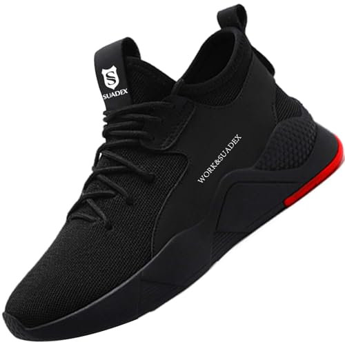 SUADEX Arbeitsschuhe Sicherheitsschuhe Herren Damen Leicht Atmungsaktiv Stahlkappenschuhe Unisex Sneaker mit Stahlkappe (02-Schwarz 46EU)