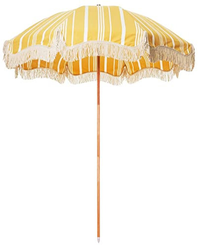 GHARAZ Gelb-weiß Gestreifter Fransenschirm, 2m/7ft Draußen-Sonnenschirm, Kippbarer Sonnenschirm aus Holz,für Terrasse, Garten,Balkon