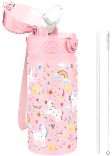 GOPPUS Trinkflasche Kinder 420ml Edelstahl Flasche mit Strohhalm und auslaufsicherem Deckel Sport BPA-frei Wasserflasche Jungen Mädchen