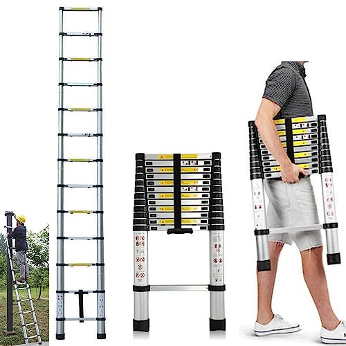 3.8M(12.5ft) Aluminium Telescopic Ladder Straight Retractable Ladder, 13 Steps Folding Extendable Ladder, 150kg/330lb Max Load Capacity, Multi-purpose Extension Ladder for Household Office Home